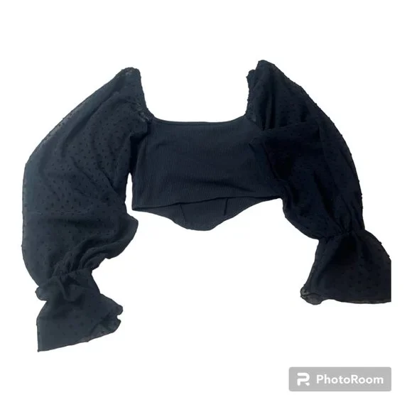 Urban Outfitters cropped long sleeve top w/ sheer dotted sleeves and cutout Sz S - Picture 5 of 6